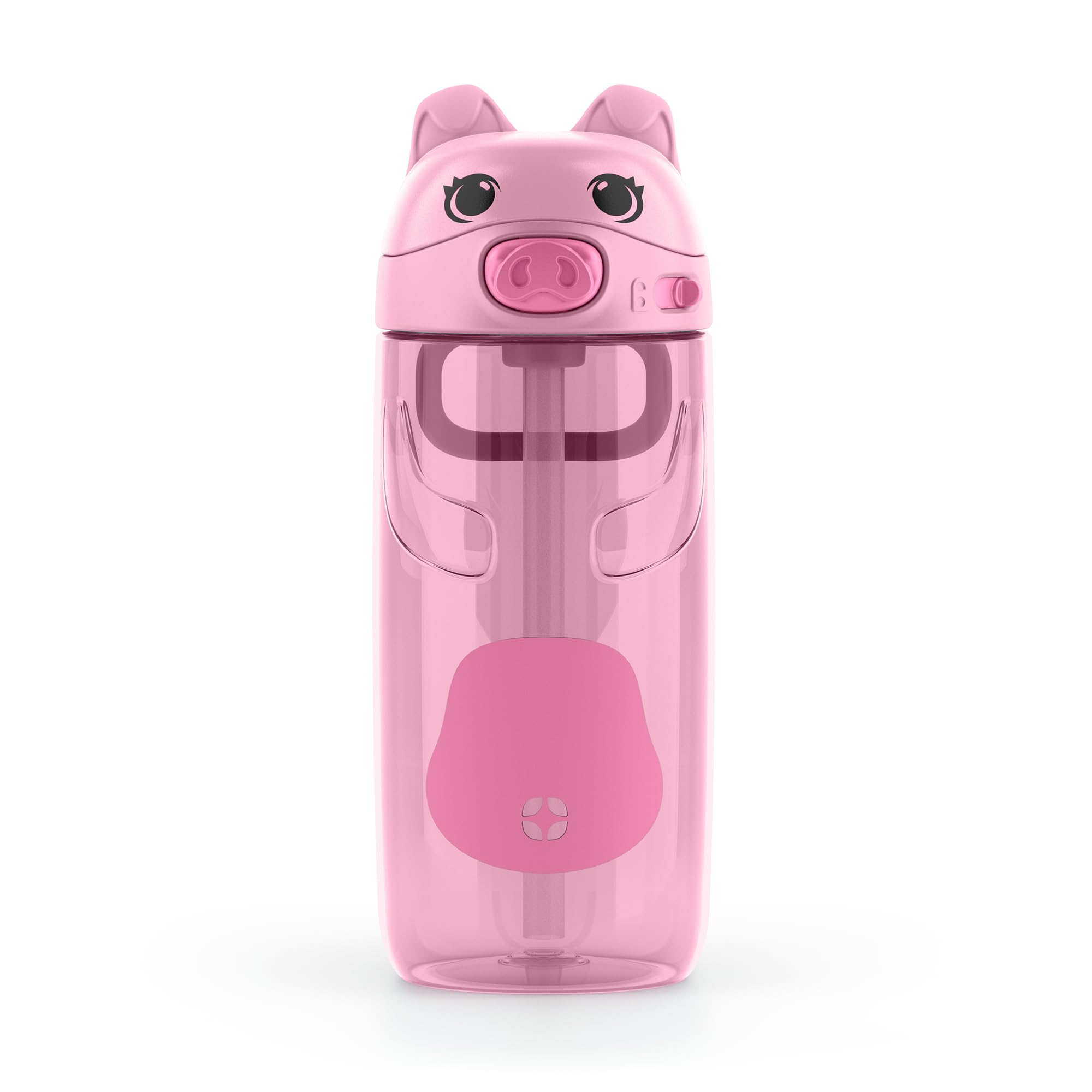 Ello Ellies 16oz BPA-Free Plastic Leakproof Kids Water Bottle, Pig | Animal shaped plastic kids water bottle with straw, leakproof locking lid, carry handle, & BPA-free design for school lunches