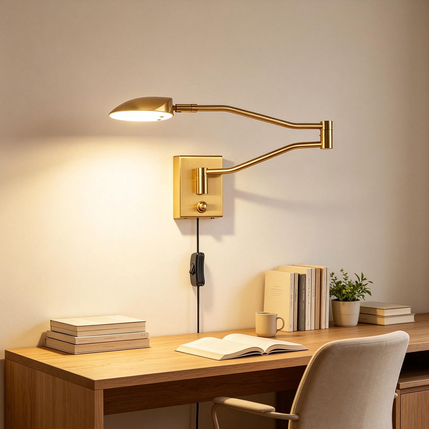LED Wandleuchte Innen mit Schalter und Stecker, Dimmbar 9W Drehbar Wandlampe Nachttischlampe mit Kabel,4000K Warmweiß Licht, Verstellbare Lange Arm Wand Leselampe für Schlafzimmer Wohnzimmer,Gold