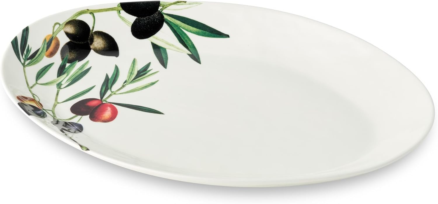Olivia 16-Inch x 12-Inch Stoneware Oval Platter - Mediterranean Olive Branch Design with Vibrant Green and Earthy Tones, Perfect for Serving Appetizers and Main Courses