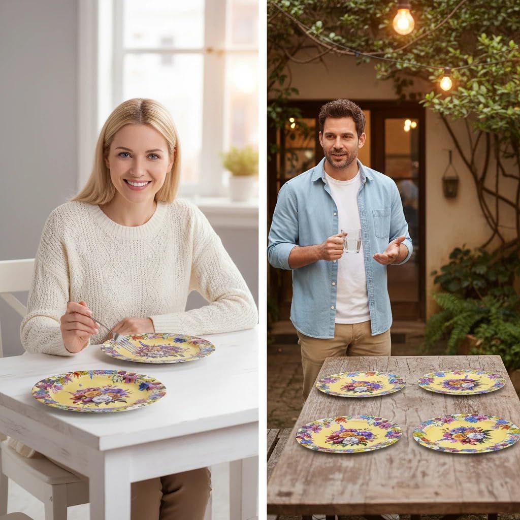 Metal Plate Set of 4 – Vibrant Floral Wreath Design – Colorful Table Accent Plates (4-Pack)