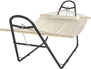 Outsunny Wide Hammock with Stand, Heavy Duty Camping Hammock for 2 Adults with Detachable Pillow, Steel Frame and Spreader Bar, 264 lbs Capacity, for Indoor Outdoor, Cream White