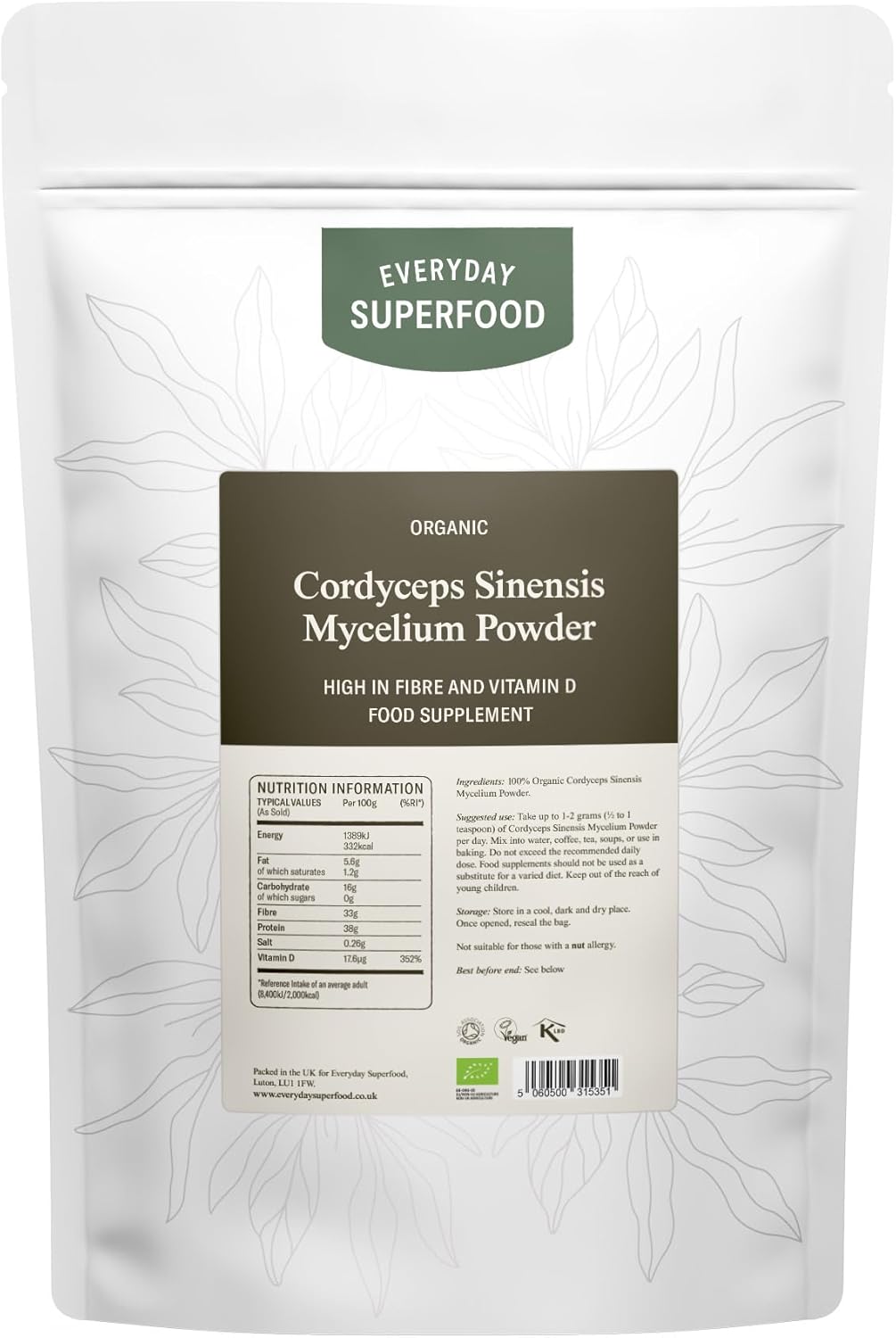Everyday Superfood Organic Cordyceps Sinensis Mushroom Powder 100g, Ideal for Coffee and Tea and Mushroom Blends