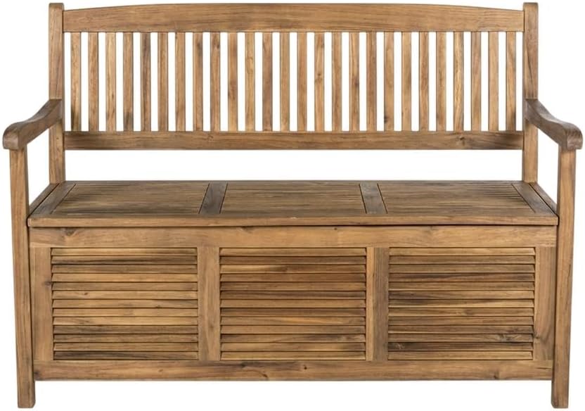 Brown Storage Bench with Acacia Wood, Galvanized Steel Hardware, Oil Finish, 50 Inches Wide, Durable and Weather-Resistant Outdoor Furniture