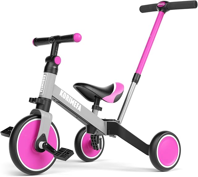 KORIMEFA 4 IN 1 Kids Trike With Parent Push Handle for 1-3 Years Old Boys Girls Toddlers Tricycle Baby Balance Bike Adjustable Seat and Handle Balance Training Bicycle (Pink)