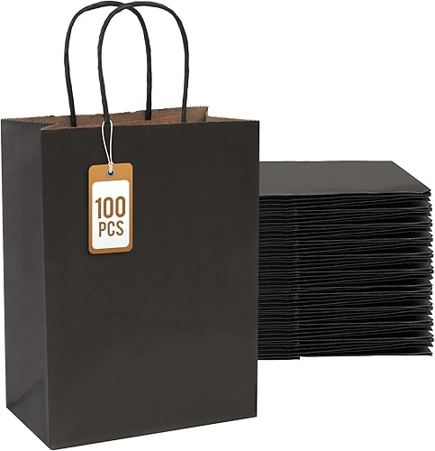 PAICUIKE Bolsas de regalo de papel negro con asa, 100 bolsas de regalo, 6.3 x 3.2 x 8.3 pulgadas, pequeñas bolsas de papel kraft para bodas, fiestas