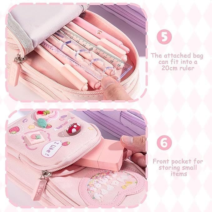Image of Premium Canvas Pencil Case 3 Compartment Cute Pencil Poucha Aesthetic Pencil Box for Girls Large Capacity Pen Pencil Pouch Multifunctional Stationery Organizer for School Office (Pink)