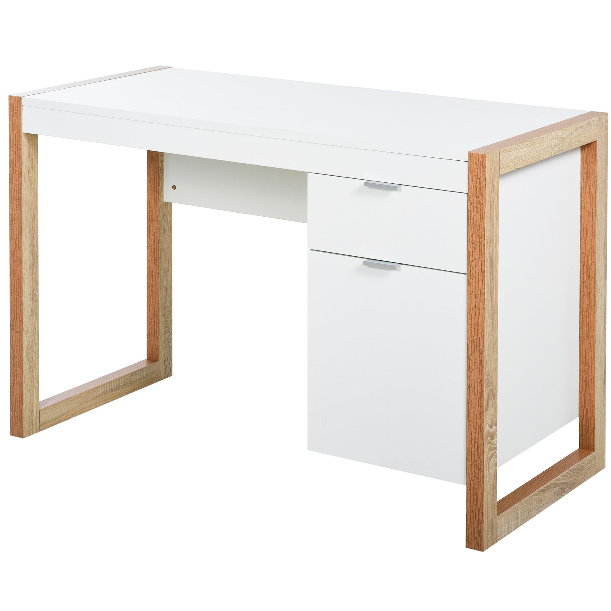 HOMCOM Mesa de Escritorio Mesa de Ordenador Espaciosa con Cajón Armario Patas de Forma Rectangular Estilo Moderno Decoración Adicional 112,5x50x75,5 cm Blanco