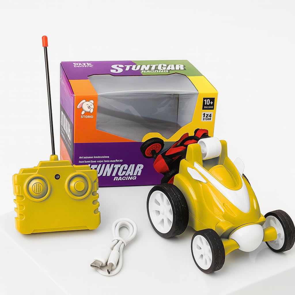 Storio Rechargeable 360° RC Stunt Car for Kids – Yellow | USB Powered Mini Flip Car with Remote | Fast Drift Racing Toy for Boys & Girls (3+ Years)