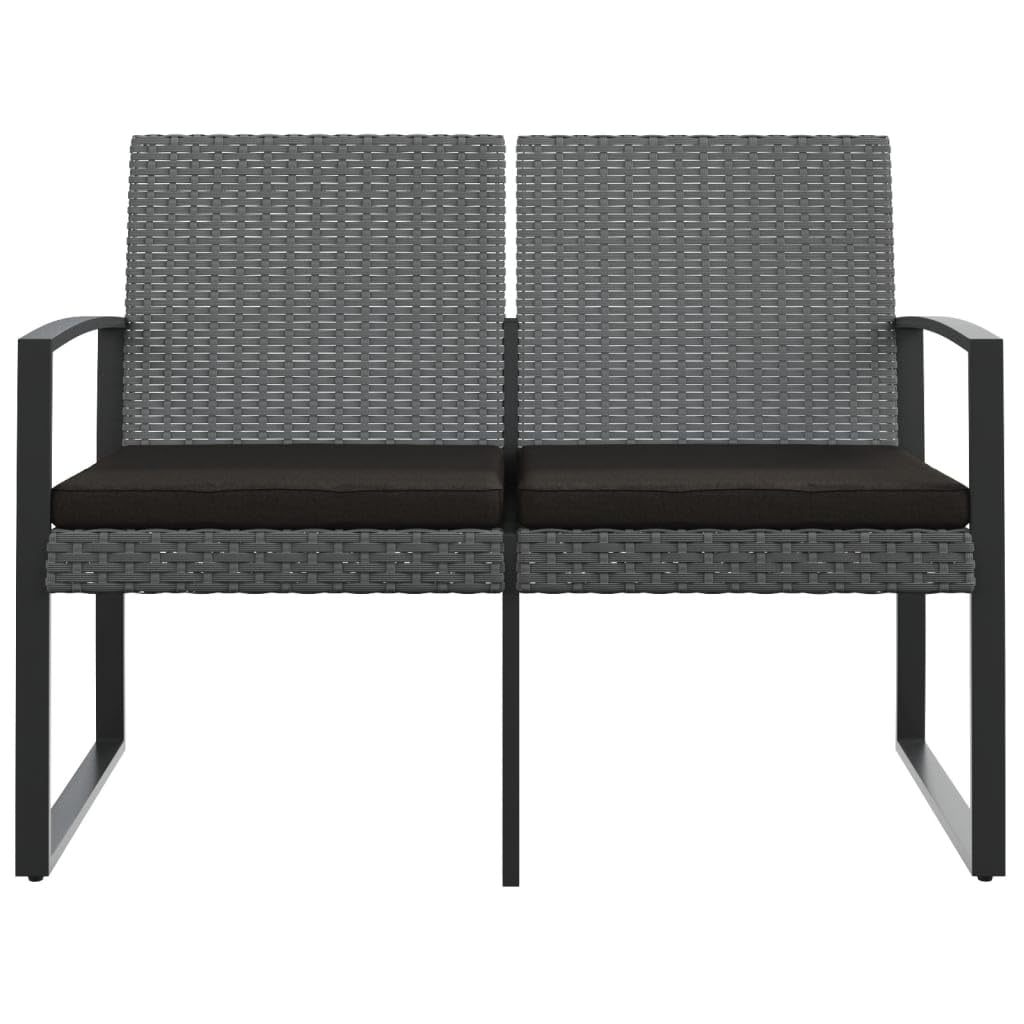 2-osobowa ławka ogrodowa z poduszkami, ciemnoszara, rattan PP, stal malowana proszkowo, 103, 5x57x77, 5 cm, 110 kg, do ogrodu i tarasu, komfortowe siedzisko z podlokietnikami, łatwe czyszczenie