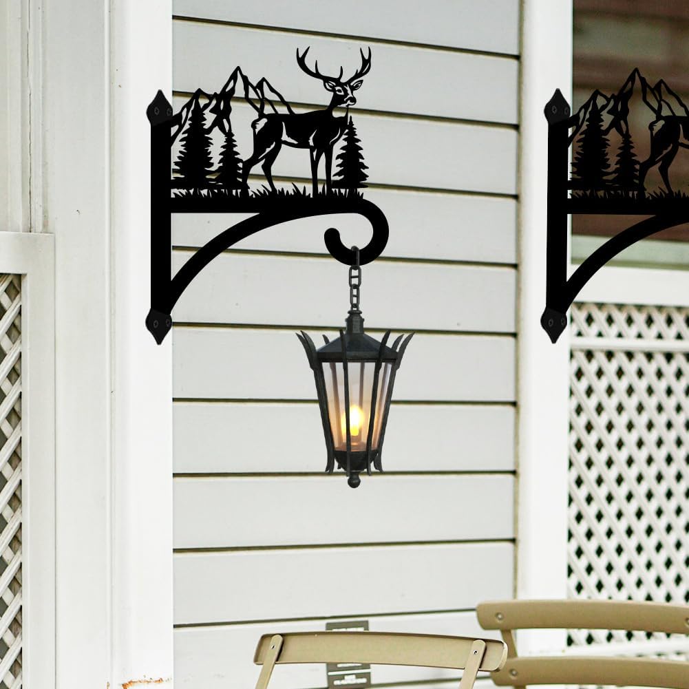 peacoblue Iron Plant Hanger Hook for Outdoor Indoor Hanging Plant Flower Fern Pots Lantern Bird Feeder,12"x15.4" Weather Resistant Metal Wall Holder for Porch Garden Farmhouse(Deer and Forest)