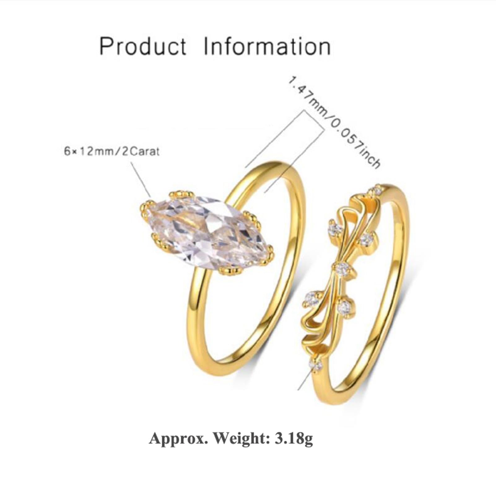 Anillo de mujer de oro, anillo de compromiso de oro blanco, juego de 2 unidades, con moissanite de 2 quilates, apilable, oro real