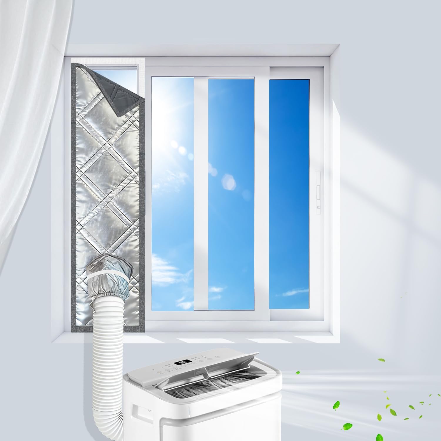 3-Layer Insulated Portable AC Window Seal Kit for Sliding Windows Adjustable Height up to 62" Reflective Aluminum Foil Thermal Shield, 100% Blackout & Waterproof, Reversible Grey/Silver