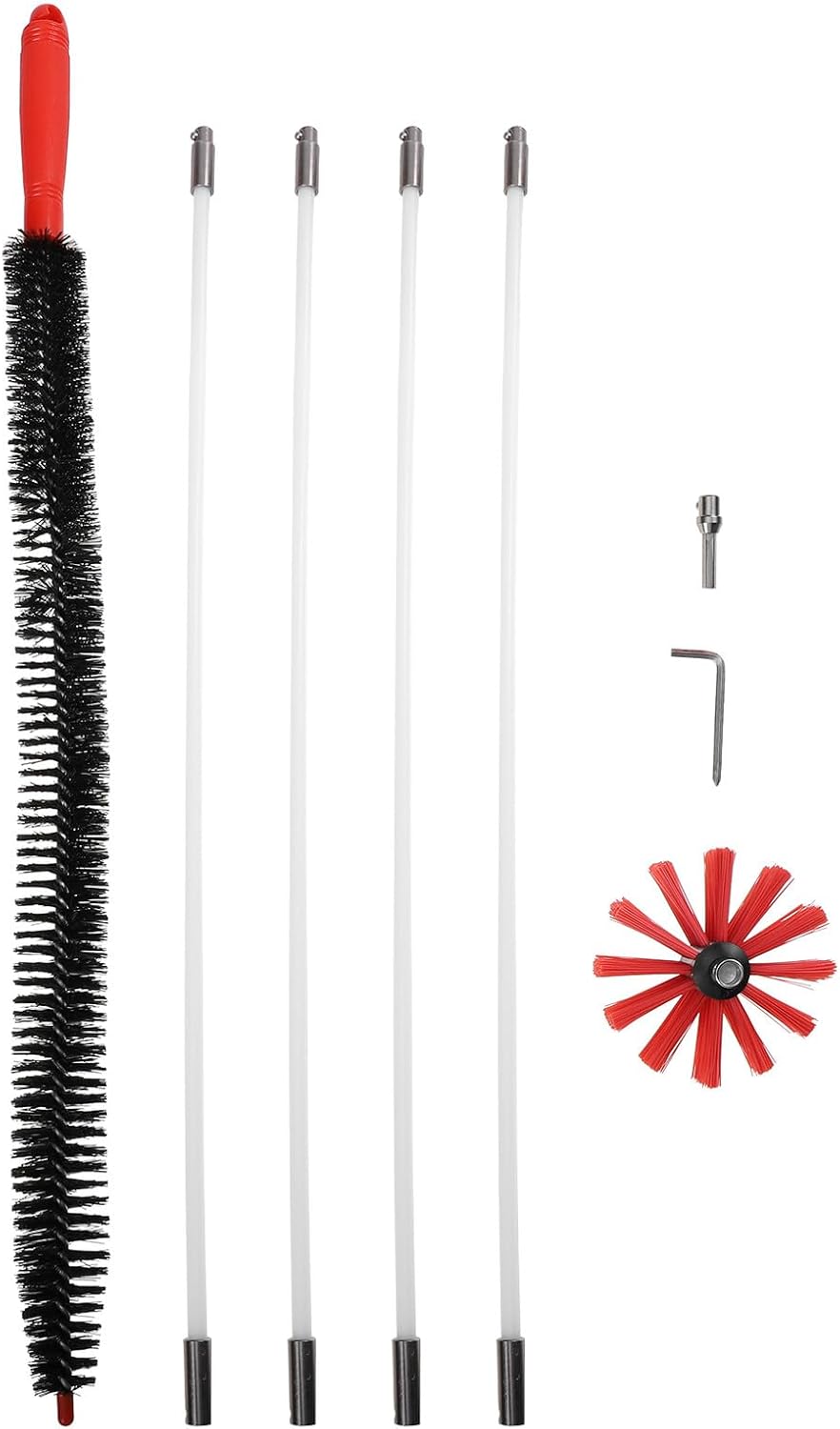 VANZACK Chimney Brush Vent Cleaning Kit with 4 Flexible Rods and Red Nylon Brush Head, Dryer Vent Lint Remover for Fireplace and Stove Pipe Cleaning Tools