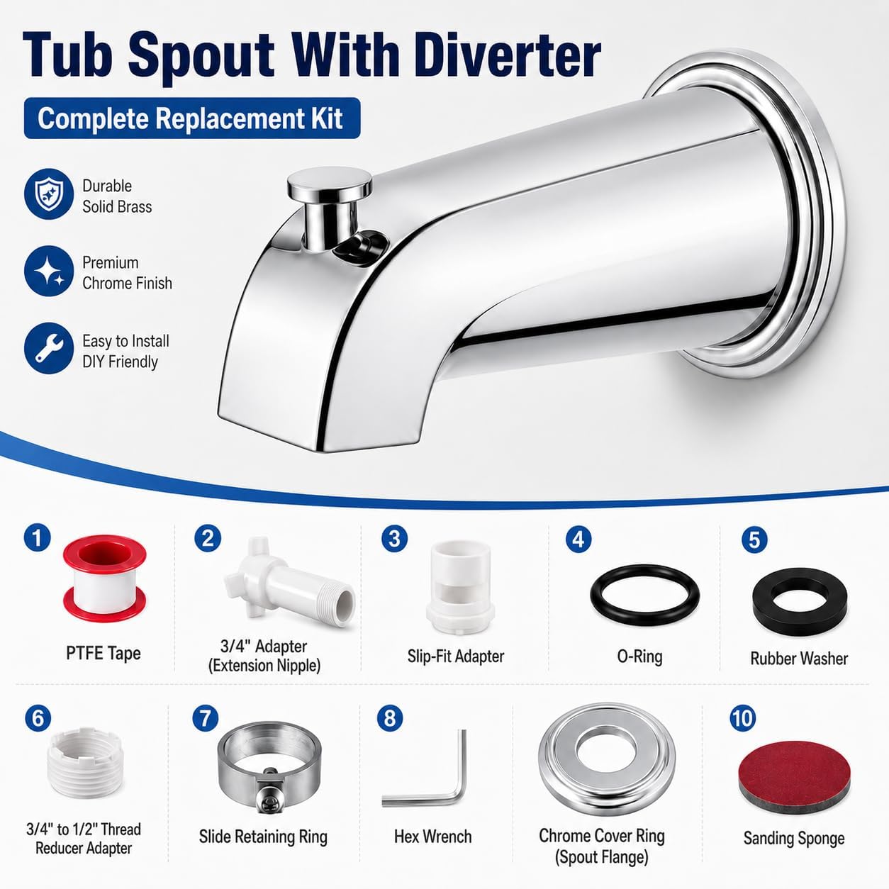 Tub Spout with Diverter, Universal Bathtub Spout Replacement Kit, Fits 1/2" Slip-Fit Copper Pipe & 1/2"/3/4" IPS Thread Connections, Chrome Metal with Adapters, PTFE Tape and Hex Wrench
