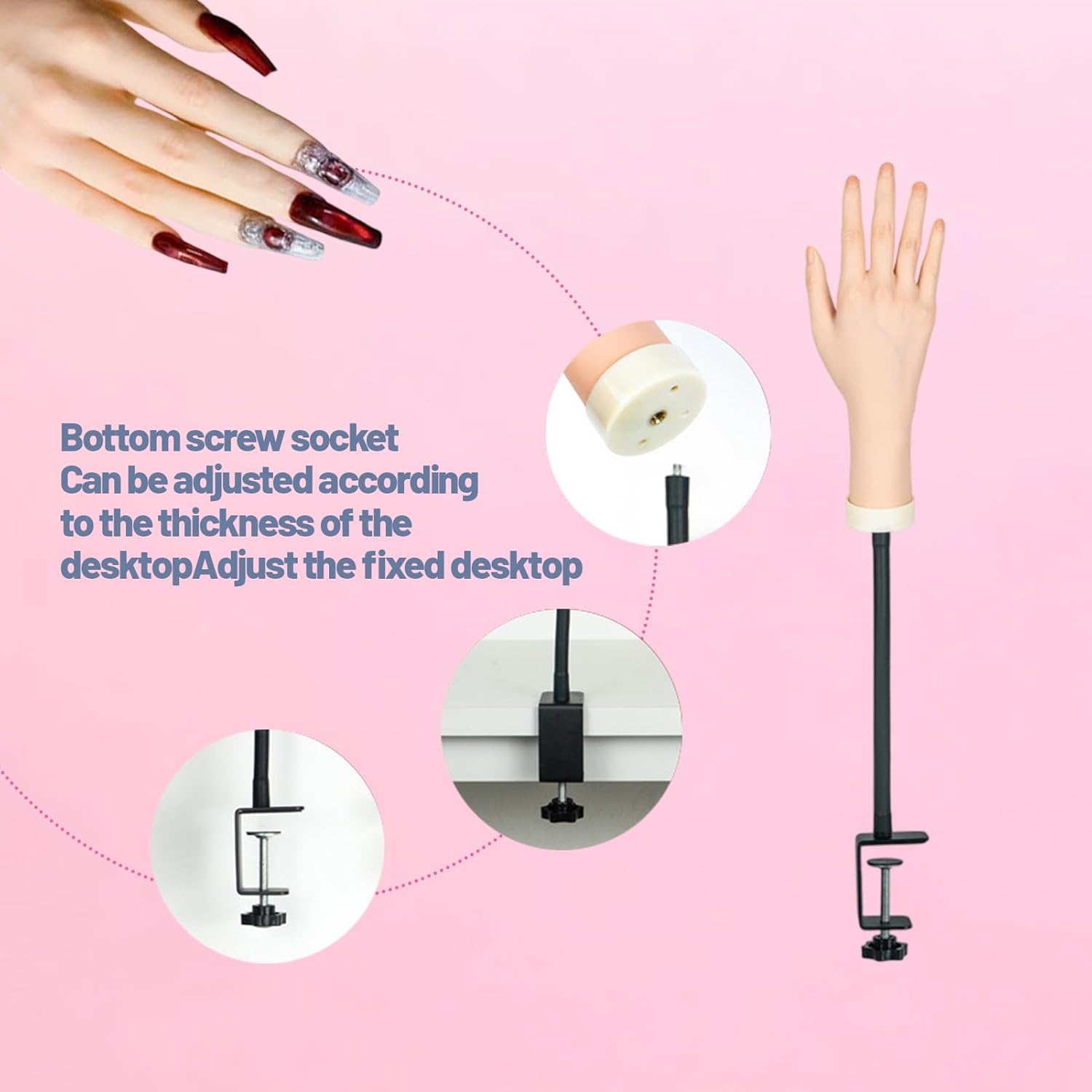 Silicone Nail Practice Hand with Adjustable Holder Flexible Bendable Mannequin Hand for Nail Practice 360°Rotatable Fingers for Manicure Training Jewelry Display Prop