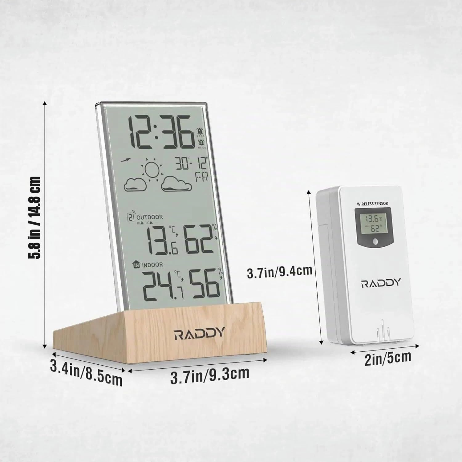 Raddy V5 Stazione meteorologica wireless,Termometro & Igrometro interno/esterno, LCD 5" Temperatura & Umidità, Previsioni meteo & sensore remoto, Cornice in acrilico trasparente