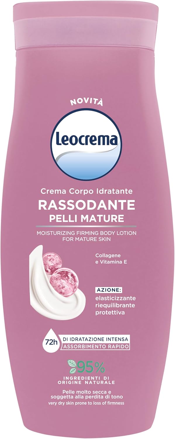 Leocrema Crema Corpo Rassodante, per Pelli Mature, con Collagene e Vitamina E, Crema Corpo Idratazione per 72 ore, 250ml