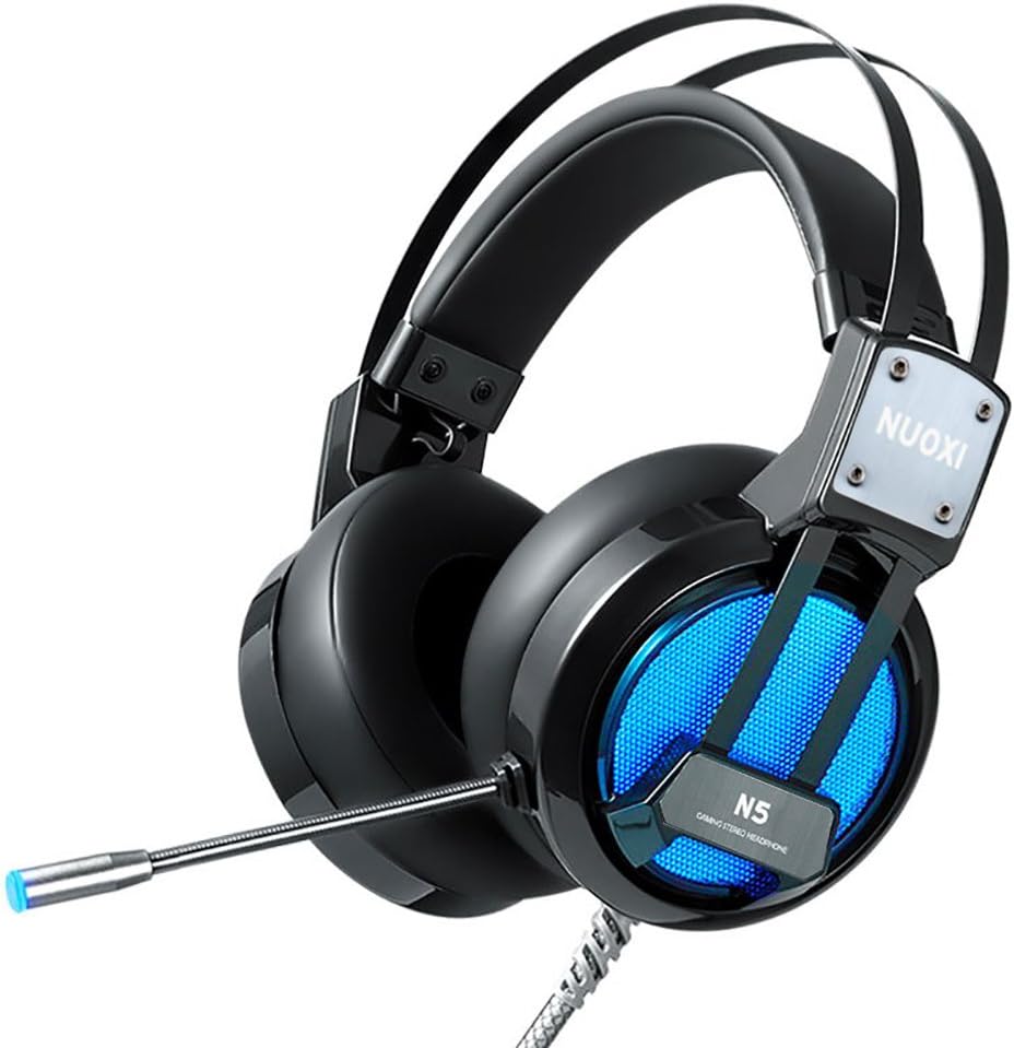 NUOXI Gaming Headset, N5 3.5mm Wired Over Ear Stereo Surround Headphones with Microphone Colourful LED Light Noise Canceling for PC