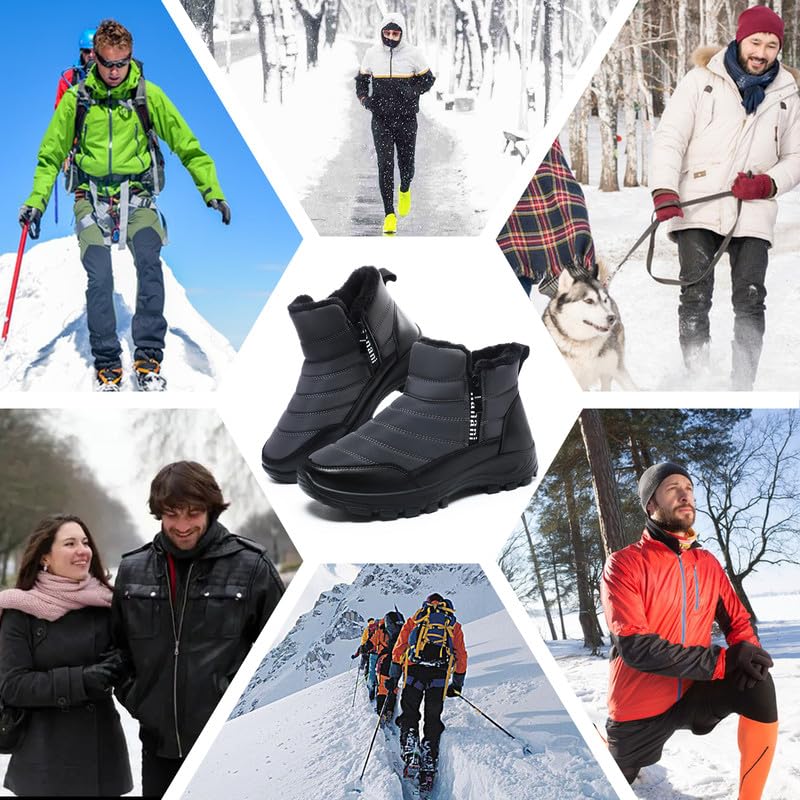 Image of Hanani Mens Winter Snow Boots Fur Lined Warm Ankle Boots Zipper Closure Waterproof Outdoor Boots Men's Lightweight Comfortable Shoes