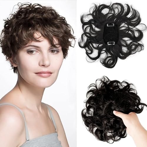 Miniatura 1 de ICRAB Toppers de cabello humano corto y rizado de 7 pulgadas para mujer, 2.76 x 3.94 pulgadas, extensiones de cabello corto ondulado natural para