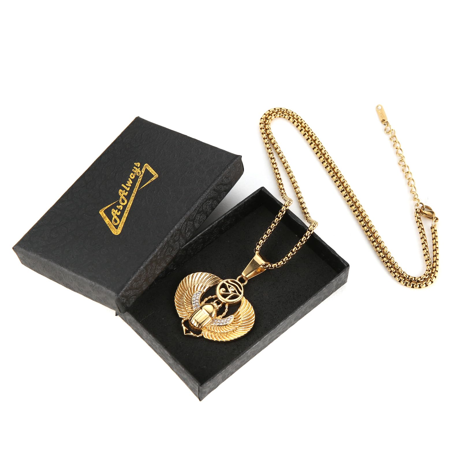 AsAlways Ciondolo a forma di scarabeo alato egiziano placcato oro 18 carati, in acciaio inox, con zircone cubico, occhio di Ra, hip-hop, amuleto, gioiello regalo