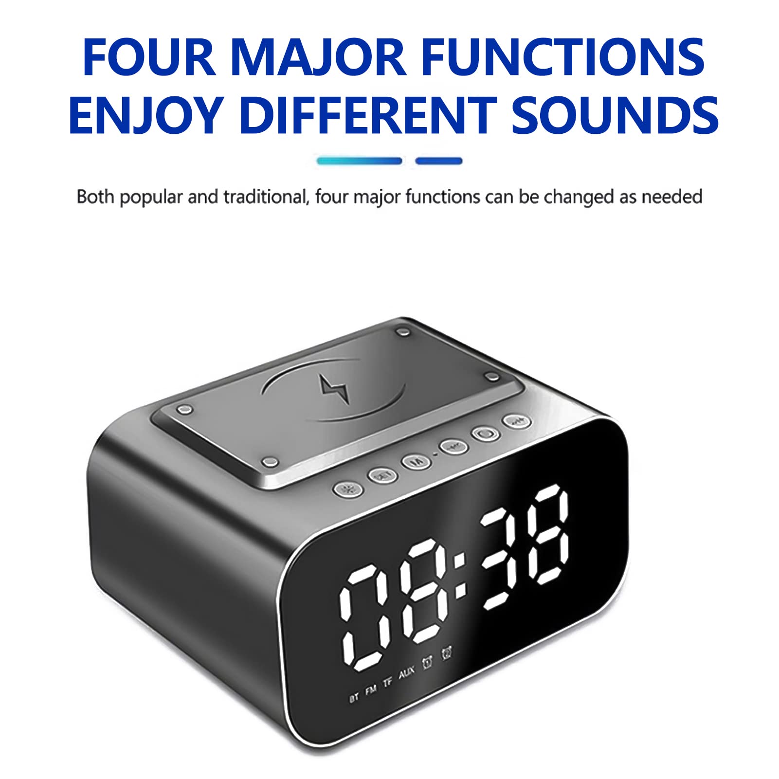 Sveglia con Caricatore Wireless, Altoparlante Multifunzione 4 in 1 LED Orologio da Tavolo Digitale Radio FM Funzione Snooze