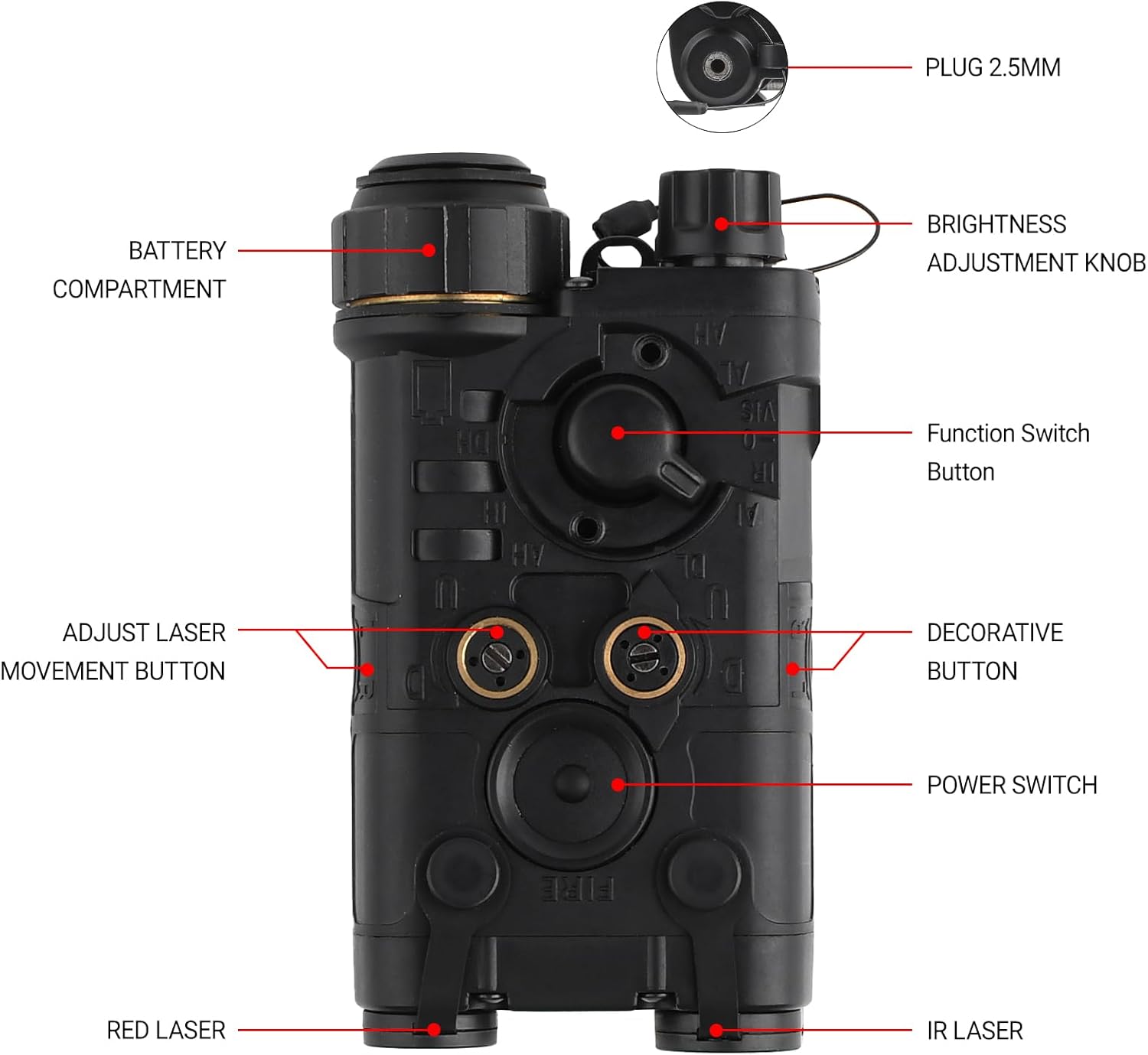 Tactical Airsoft PEQ IR Laser with 8 Modes, Aiming Red Laser Sight with Adjustable Brightness, PEQ Box IR Laser Sight with 2.5mm Plug Remote Pressure Switch for AEG GBB CQB