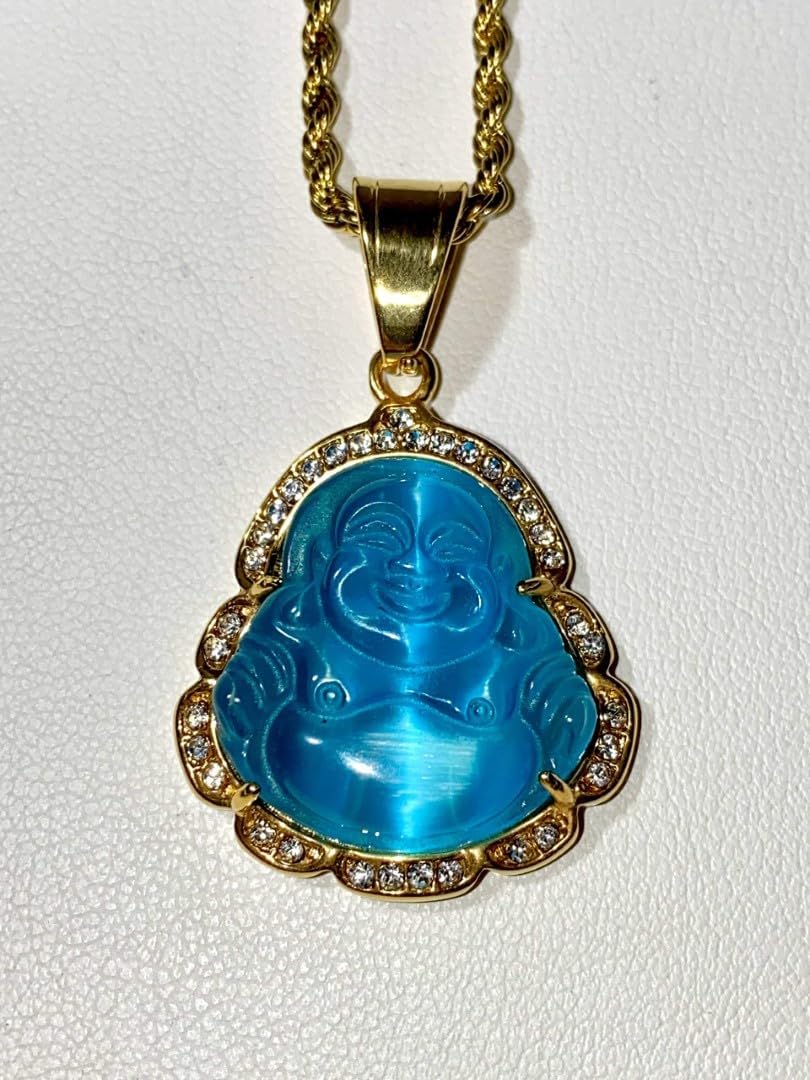 Laughing Buddha Sky Blue Jade Pendant – 14k Gold Finish Iced Necklace with Rope Chain, Certified Grade A Jadeite, Healing Obsidian Spiritual Jewelry