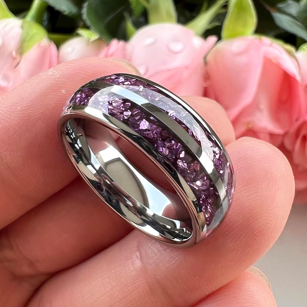8mm Silver/Black/Gunmetal Purple Tungsten Rings for Men Women Amethyst Inlay Fashion Engagement Promise Wedding Band Polished Comfort Fit - Image 2