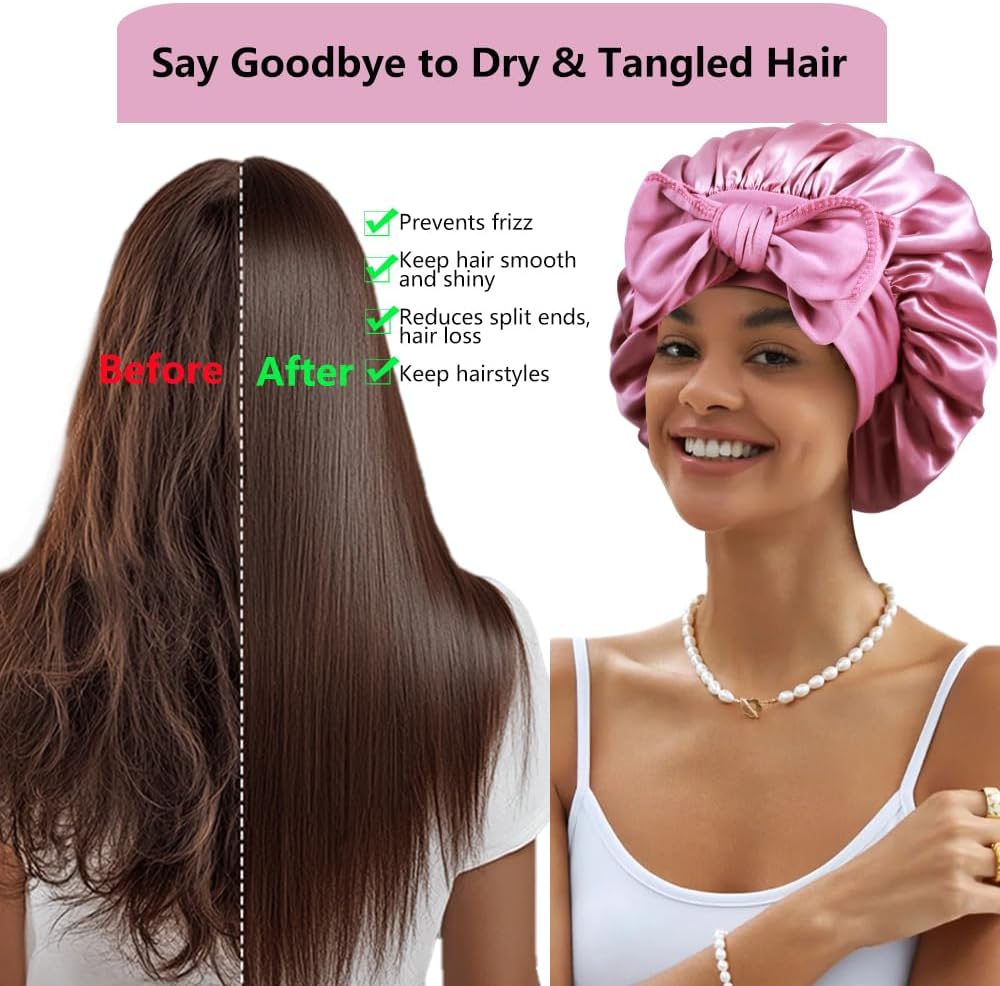 1+3 Large Satin Bonnets with Scrunchies for Women, Double Layer Hair Bonnet Tie Bonnet for Sleeping Braids Curly Hair - Image 3