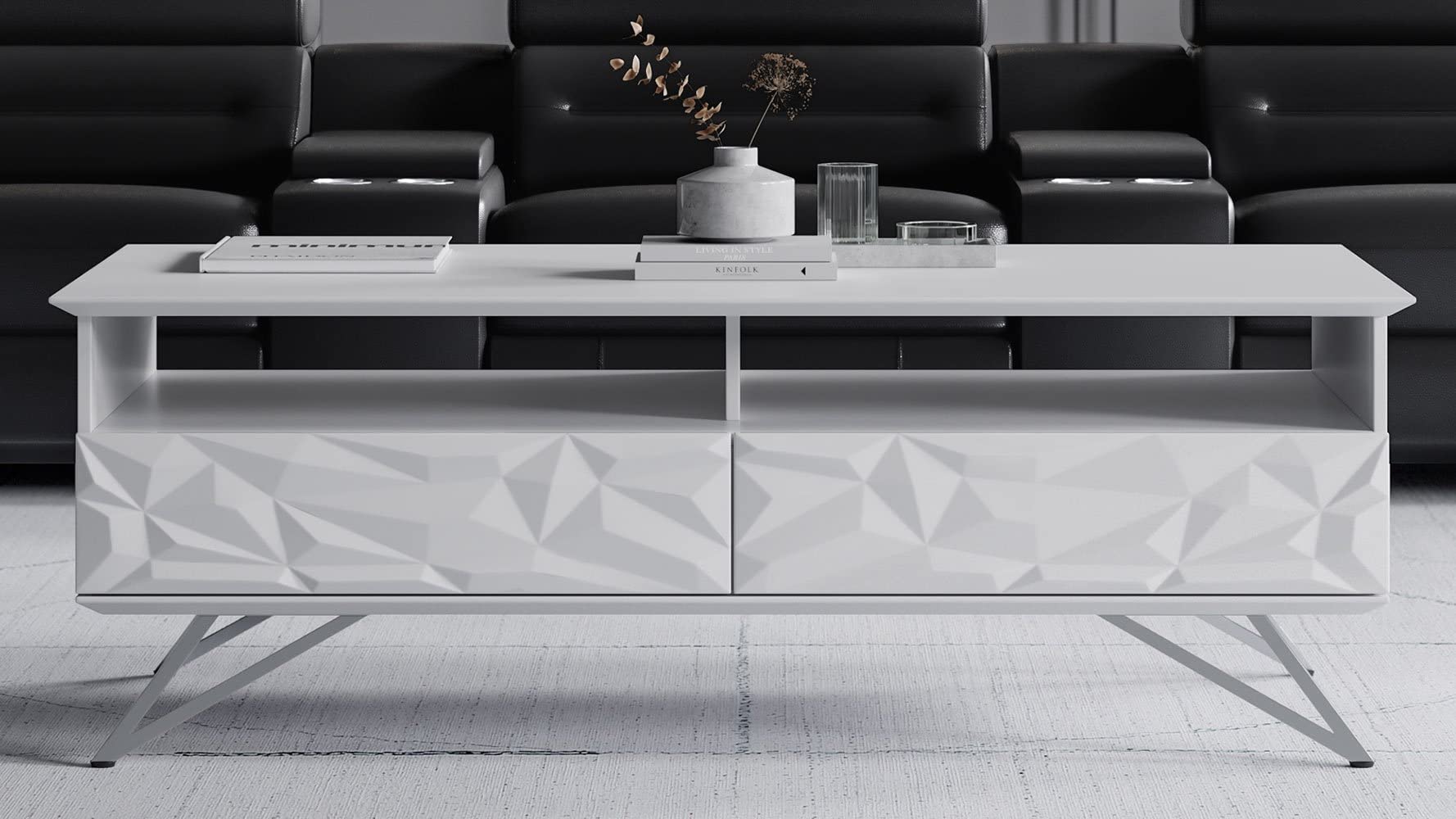 ZURIFurniture Modern 2-Drawer Vortice Coffee Table in Glossy White with Polished Stainless Steel Legs