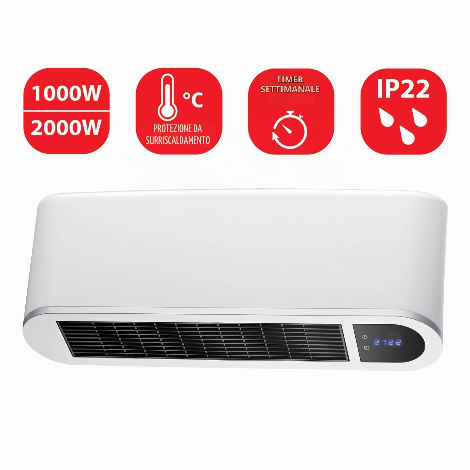 VELAMP - Termoventilatore Ceramico 2000W per Spazi da 20m² e Bagno Antispruzzi - Stufa Elettrica da Parete con Display e Telecomando - Radiatore a Riscaldamento Rapido, Timer Regolabile e Ventilazione