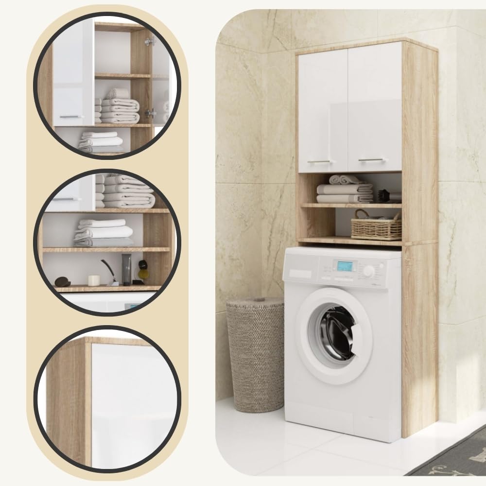 AKORD | Armadio Pensile per Lavatrice | Armadio di trasformazione con 2 ante, 2 Ripiani Aperti | Archivio per bagno | Cassettiera per lavatrice | 64x180x30 cm | Peso 30kg | Rovere Sonoma|Bianco lucido