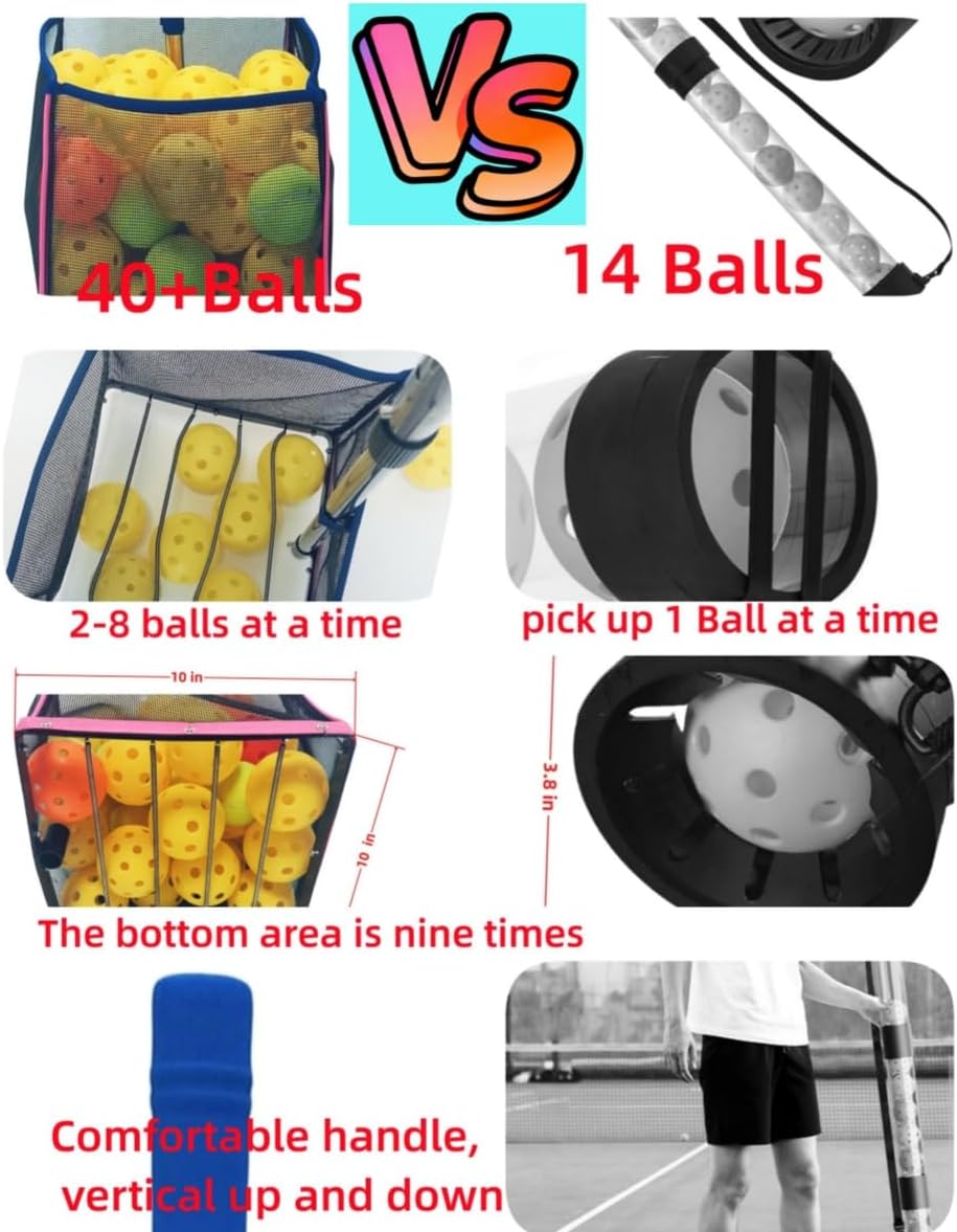 Pickleball Ball Retriever, 40+ Balls Capacity Hopper Holder with Telescopic Stainless Steel Handle, Foldable Portable Ball Collector for Court Training, No Bending Quick Pickup Tool