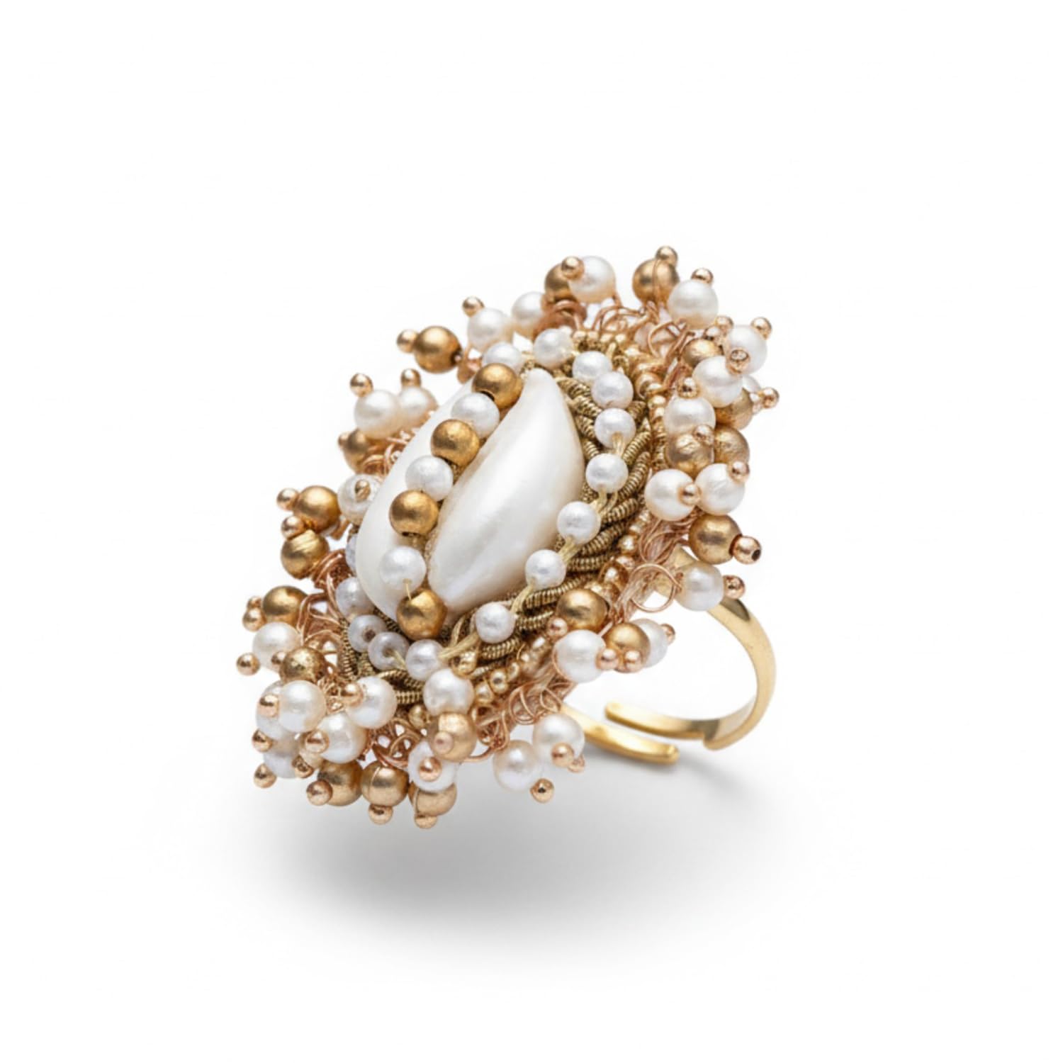 by everstylish embroidered ring for women | shell & beaded adjustable statement ring | ethnic jewelry for weddings & festive occasions