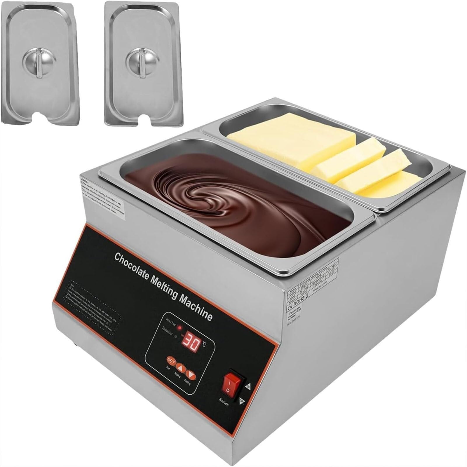 Stainless Steel Chocolate Warmer,Chocolate Melter, Chocolate Melting Pot,with TEMP Control,Stainless Steel Electric Commercial Chocolate Warmer and Melter(220V,2tank)