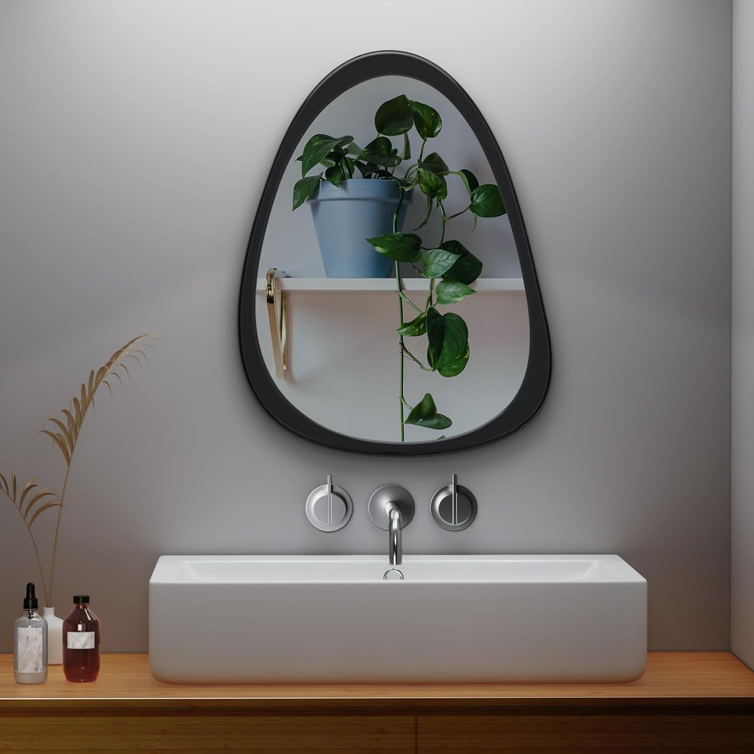 COOL2DAY Irregular Mirror,Asymmetrical Wood Wall Frame Abstract Assymetrical Decorative Mirror,Black Odd Shaped Mid Century Mirrors for Living Room Bedroom Entryway Bathroom Home Decor Black 15"L x 12"W