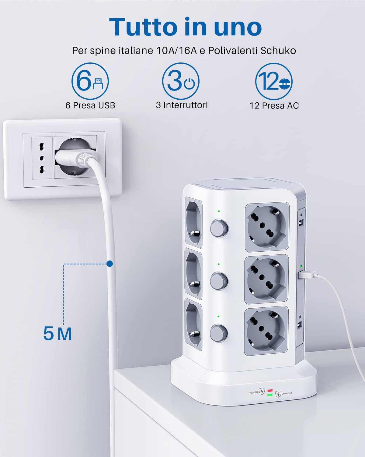 [5M Cavo] KOOSLA Ciabatta Elettrica con 12 Prese Universali ITA 10/16A e Schuko e 6 slot USB-A(4000W/16A), Multipresa verticale protezione sovratensione, 5M Cavo, Bianco