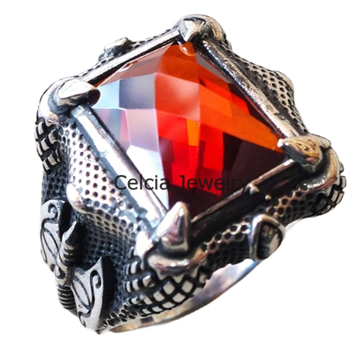 Anillo de hacha medieval de piedra preciosa de granate natural, anillo de hombre clásico hecho a mano, anillo de regalos de boda de promesa de declaración