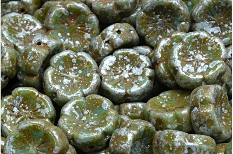 10 Grams (Approx. 6 pcs) Hawaiian Flower Beads, 14 x 14 mm, Blue Travertin Silver Splash (63020-86800-94400), Glass, Czech Republic