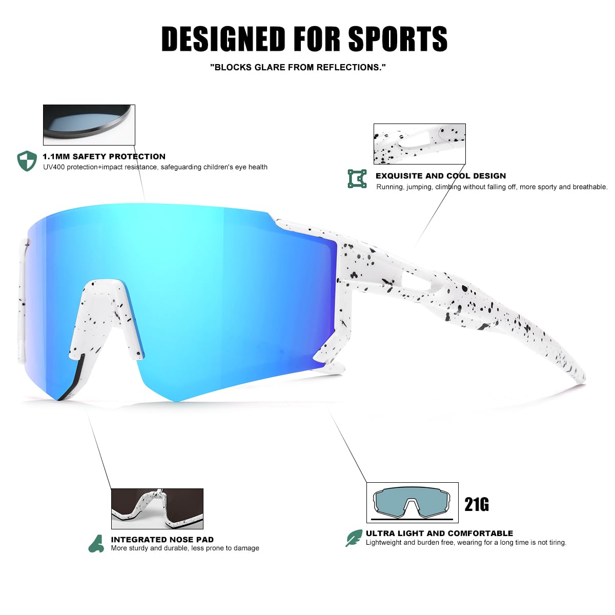 SEKKAF Dziecięce okulary przeciwsłoneczne młodzieżowe okulary baseballowe dla chłopców dziewcząt softball sportowe okulary przeciwsłoneczne ochrona UV