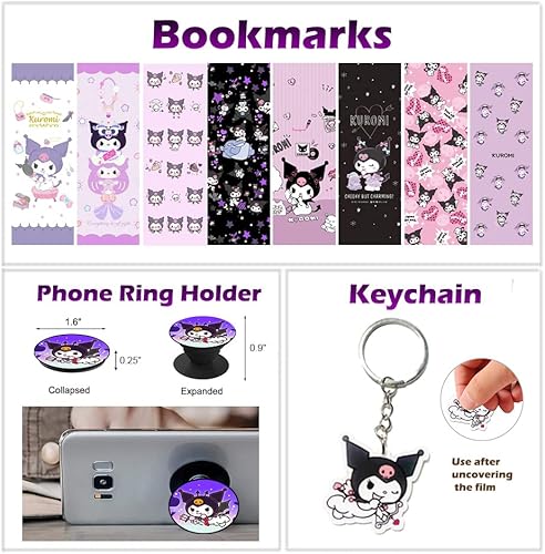 Miniatura 5 de KUROMI - Juego de regalo de suministros escolares, incluye estuche para lápices, bolígrafos, calcomanías, pasadores de botón, cordón, llavero,