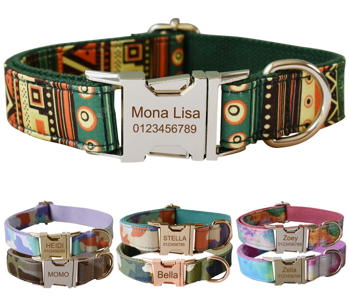 Personalized Dog Collar with Metal Buckle - Personalized Pet Collar with Name and Phone Number (Bohemian) — image 1