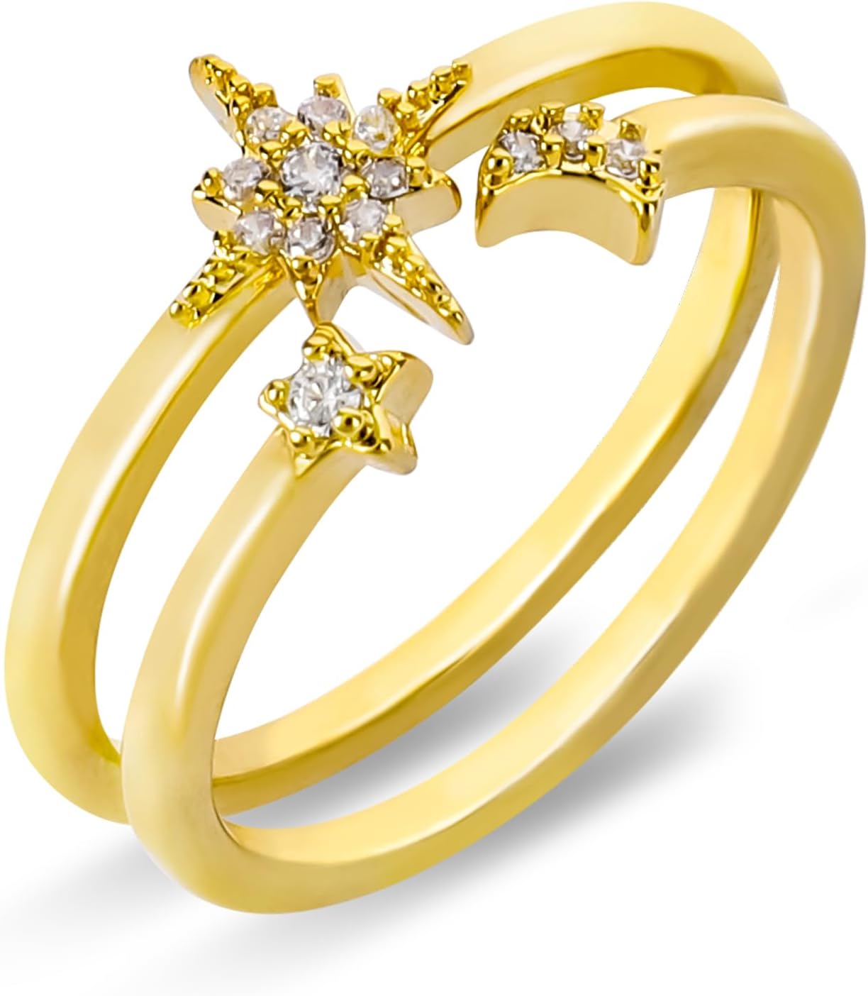 MOONWALTZ Gold Ring for Women Sparkly Summer Party Trendy Jewelry Gift for Women Anniversary Dainty Statement 14K Gold Plated Moon and Stars North Star Bow Knot Ribbon Rings