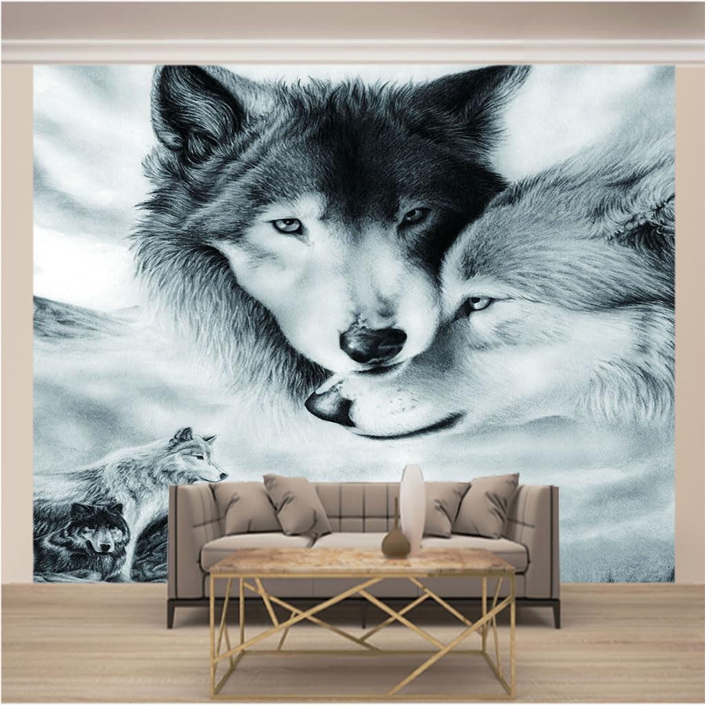 Papier peint intissé 3D loup au design moderne pour habiller un grand mur de salon