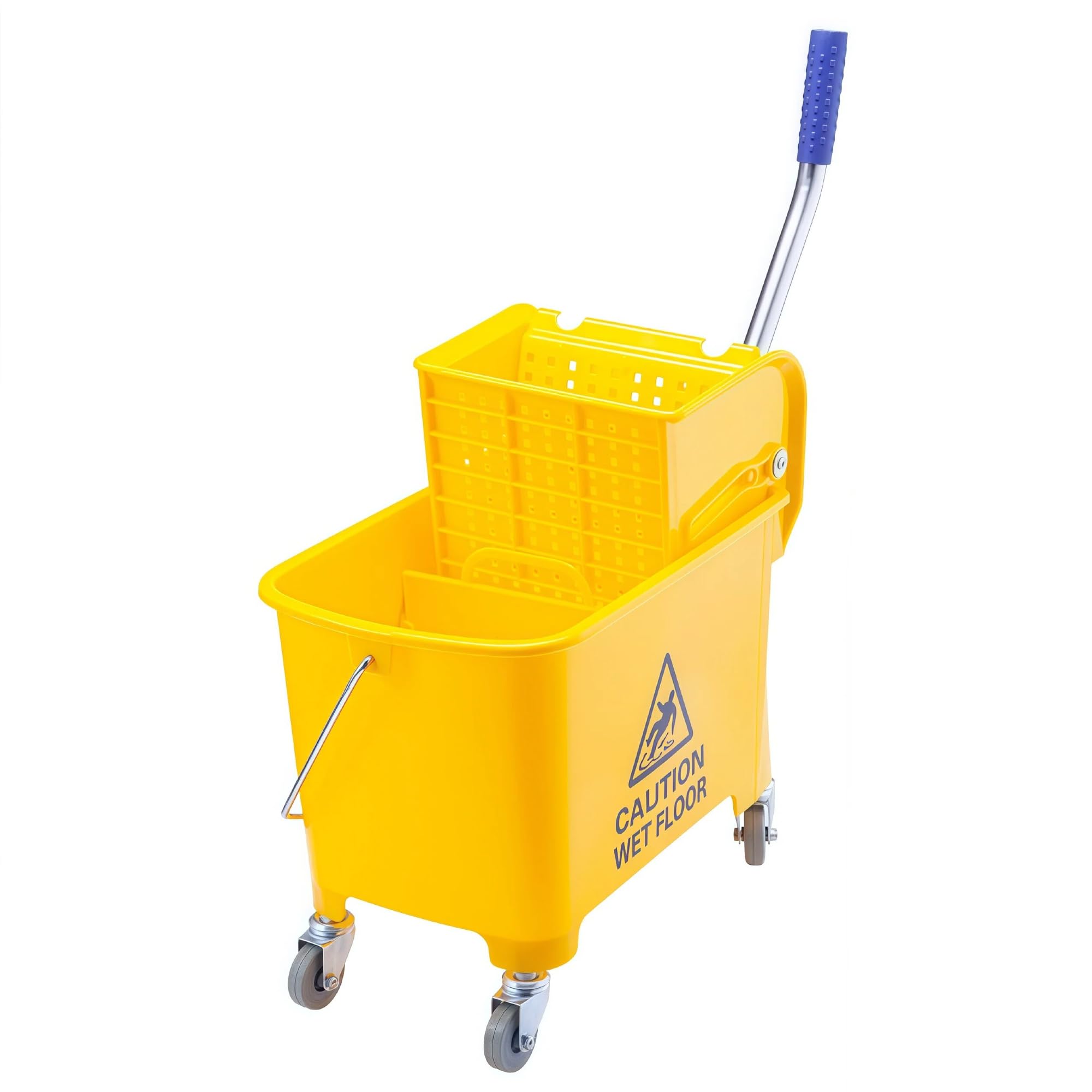 Carrello per mocio commerciale, secchio Kentucky in acciaio resistente, 20 litri, con cartello sul pavimento bagnato, carrello di pulizia giallo su ruote e strizzatore rimovibile per ufficio e scuola