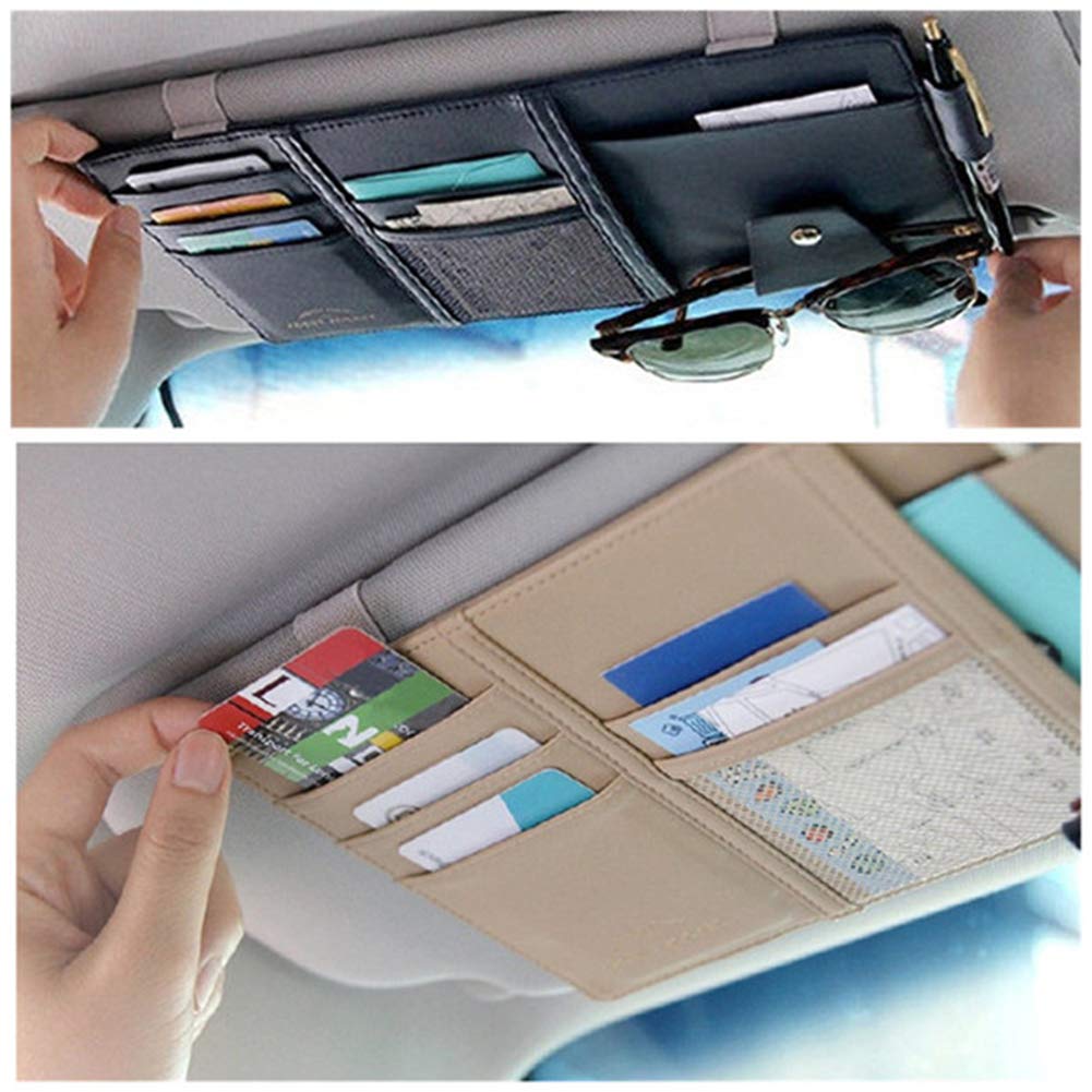 Qric Organiseur De Pare-Soleil De Voiture, Pochette De Rangement En Cuir Pour Cartes, Permis D'immatriculation, Stylo, Lunettes, Documents, S'adapte à La Plupart Des Voitures, SUV, Camions (Beige
