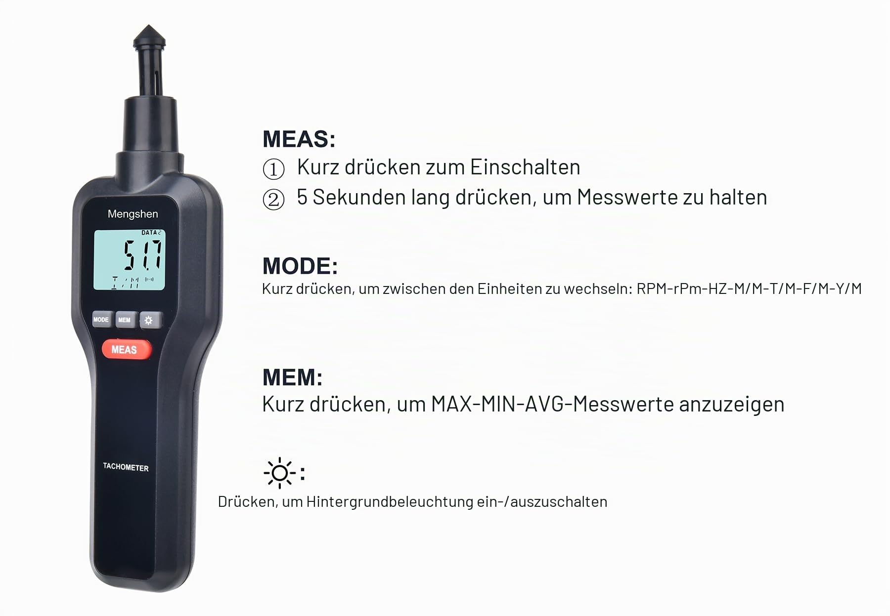 Mengshen Digital Tachometer 2-in-1 Drehzahlmesser | Berührungslos, Kontakt Drehzahlmessung