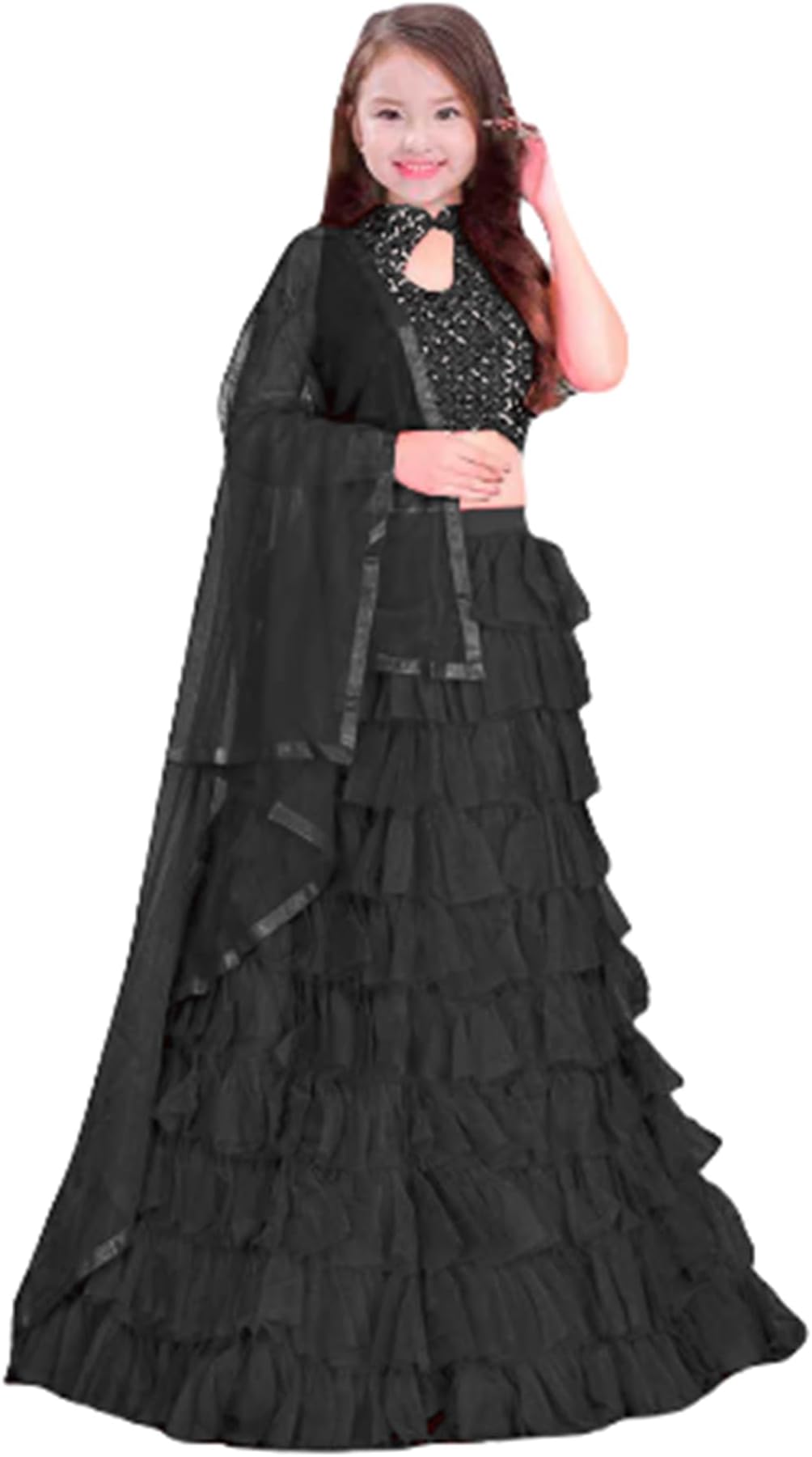 Tees4UGirls Embroidered Net Ethnic wear Readymade Lehenga Choli With Dupatta Set (D-E-5006_Black)