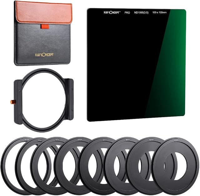 Square ND1000 Filter with Holder kit, K&F Concept 100mm 10-Stop ND Filters HD Multi-Coating Glass Waterproof Neutral Density Filter 100X100mm with 8* Adapter Ring